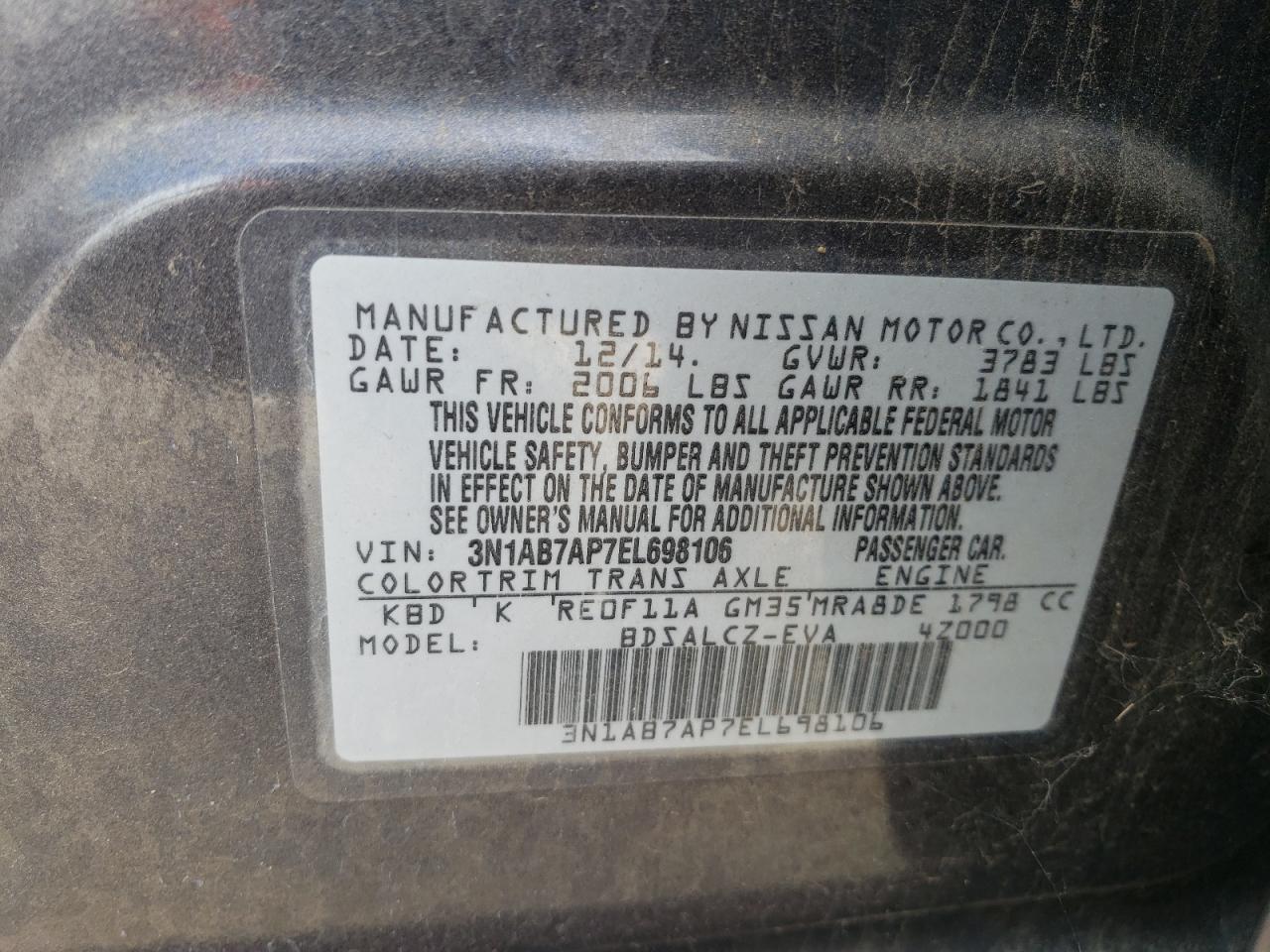 3N1AB7AP7EL698106 2014 Nissan Sentra S