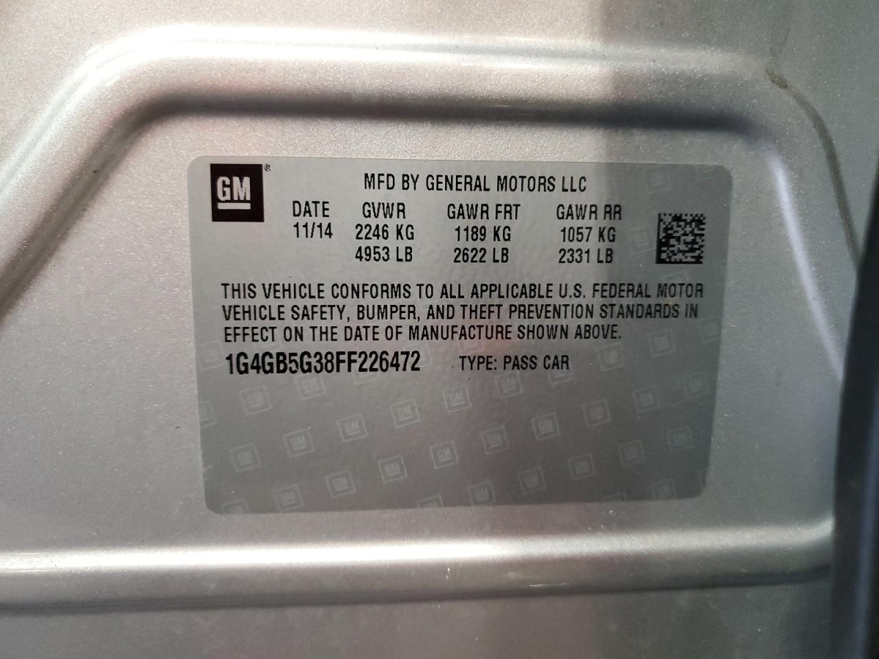 2015 Buick Lacrosse VIN: 1G4GB5G38FF226472 Lot: 59097674