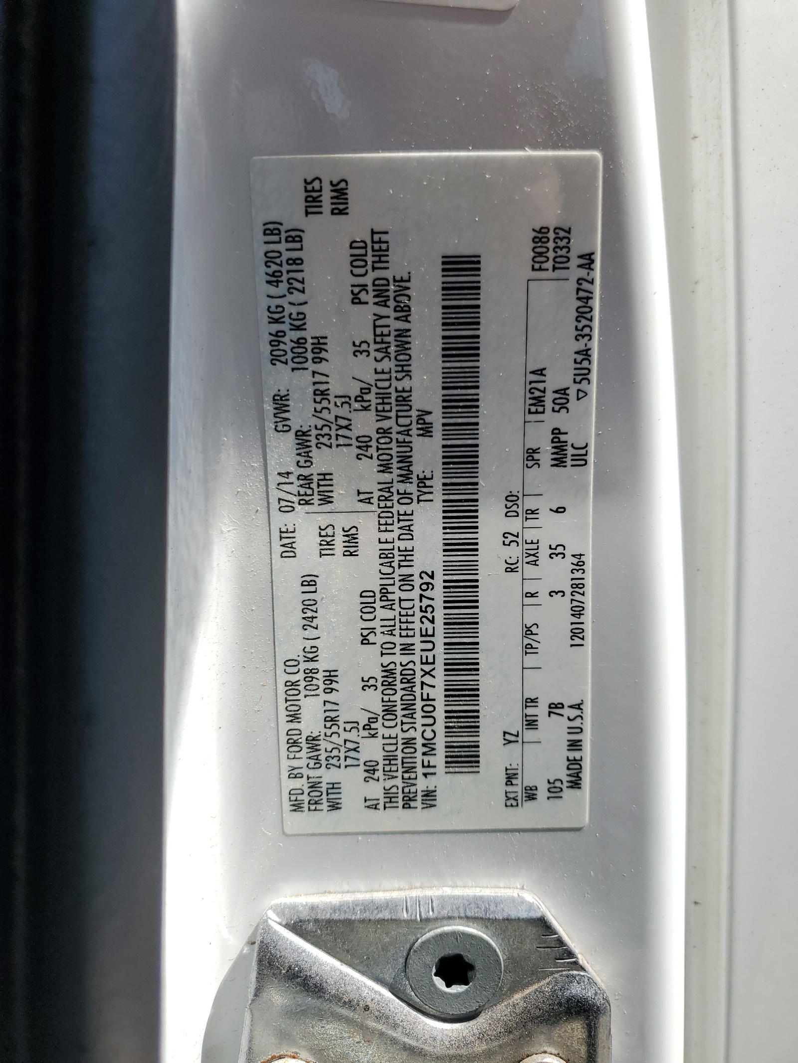 1FMCU0F7XEUE25792 2014 Ford Escape S