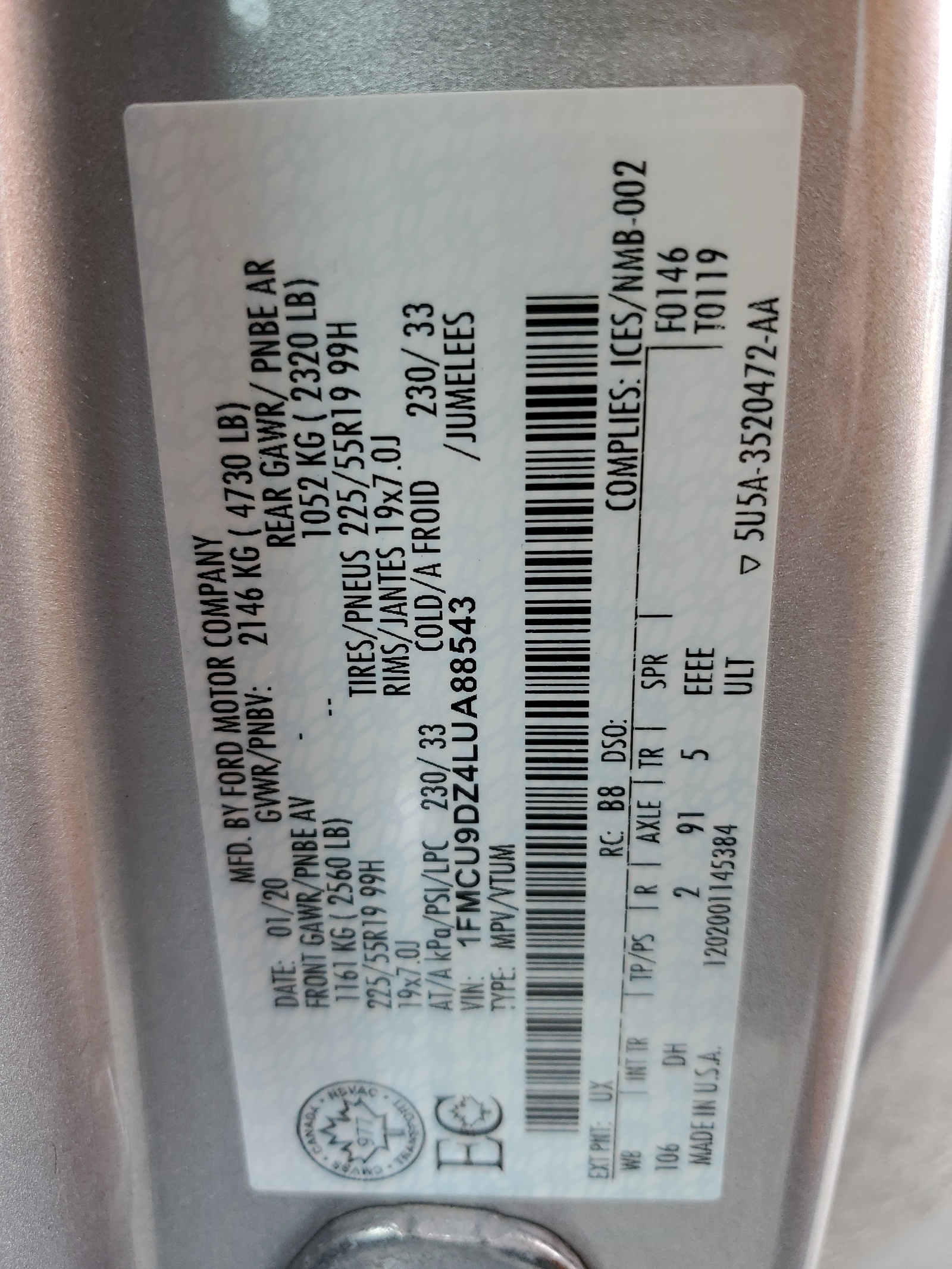 1FMCU9DZ4LUA88543 2020 Ford Escape Titanium