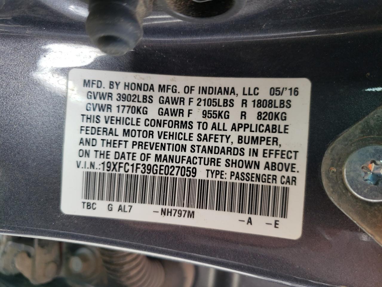 19XFC1F39GE027059 2016 Honda Civic Ex