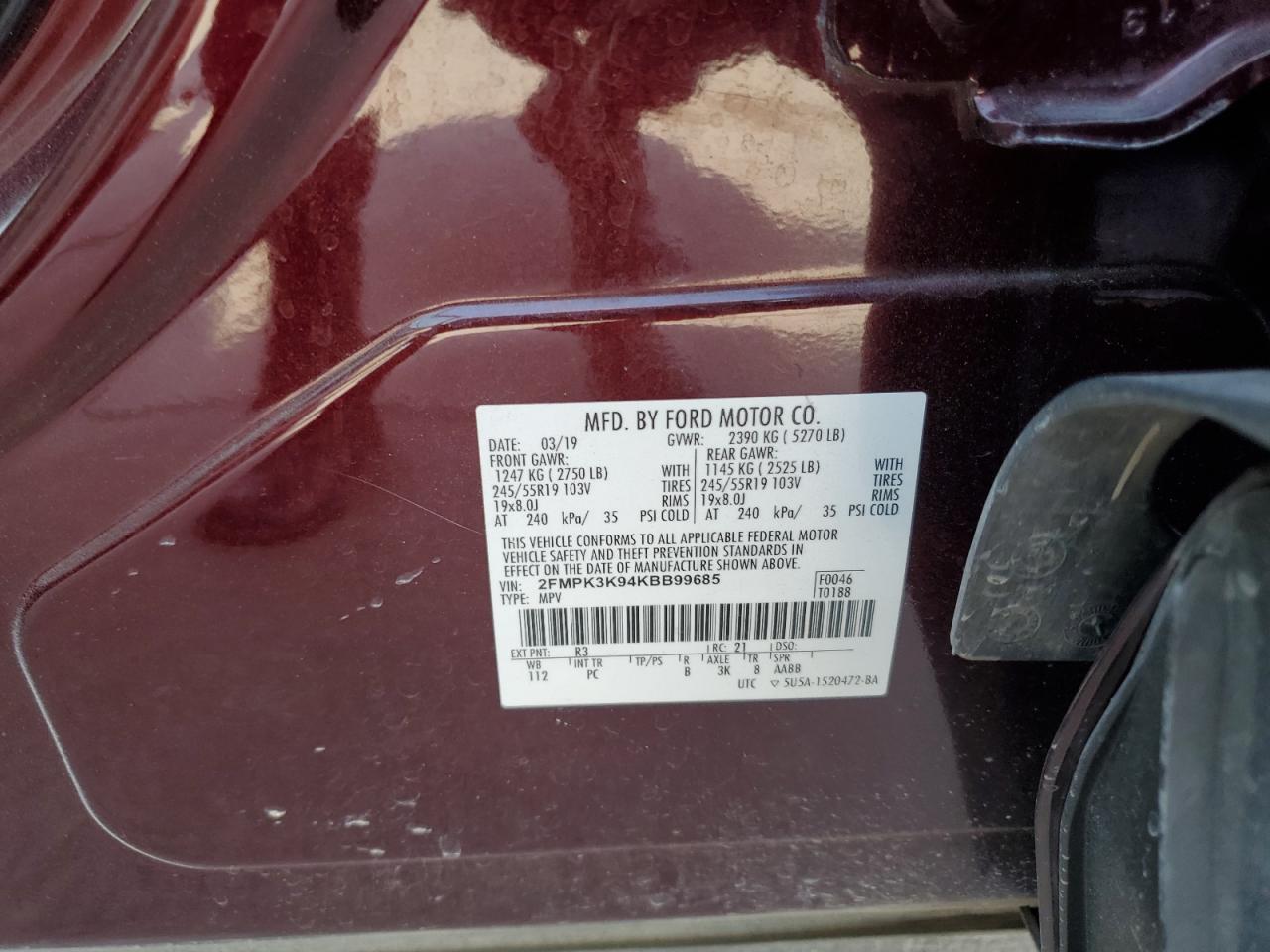 2019 Ford Edge Titanium VIN: 2FMPK3K94KBB99685 Lot: 61058314