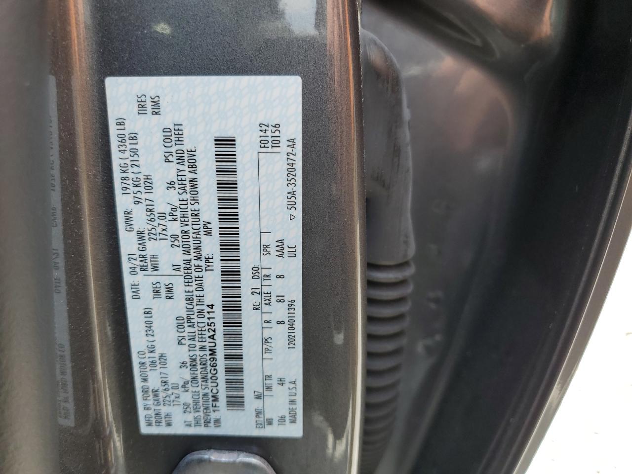 1FMCU0G69MUA25114 2021 Ford Escape Se