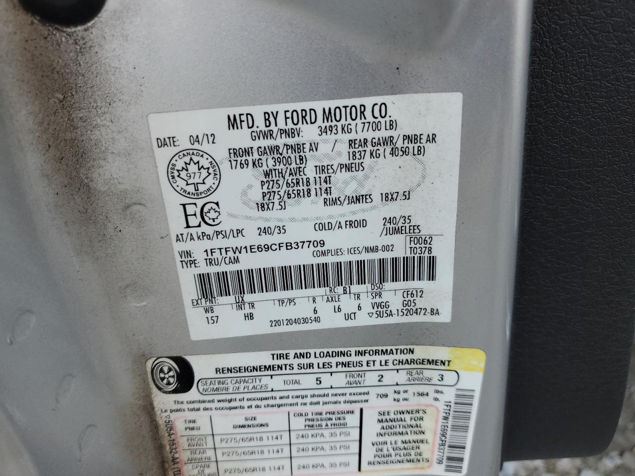 2012 Ford F150 Supercrew VIN: 1FTFW1E69CFB37709 Lot: 61200054