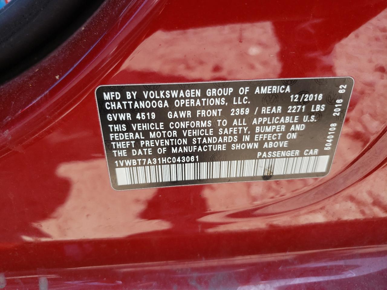 2017 Volkswagen Passat Se VIN: 1VWBT7A31HC043061 Lot: 59716844