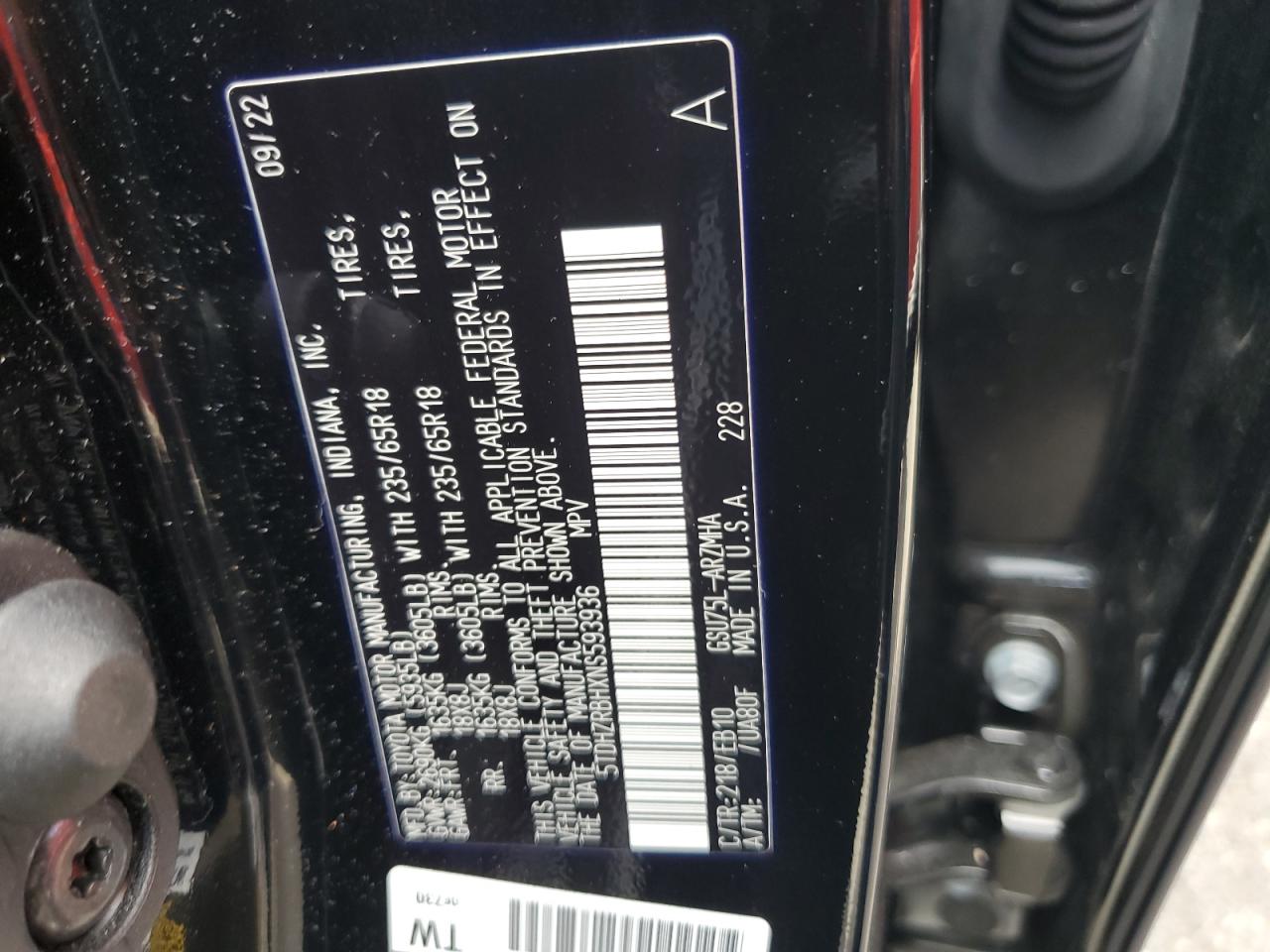 2022 Toyota Highlander Xle VIN: 5TDHZRBHXNS593936 Lot: 58493924