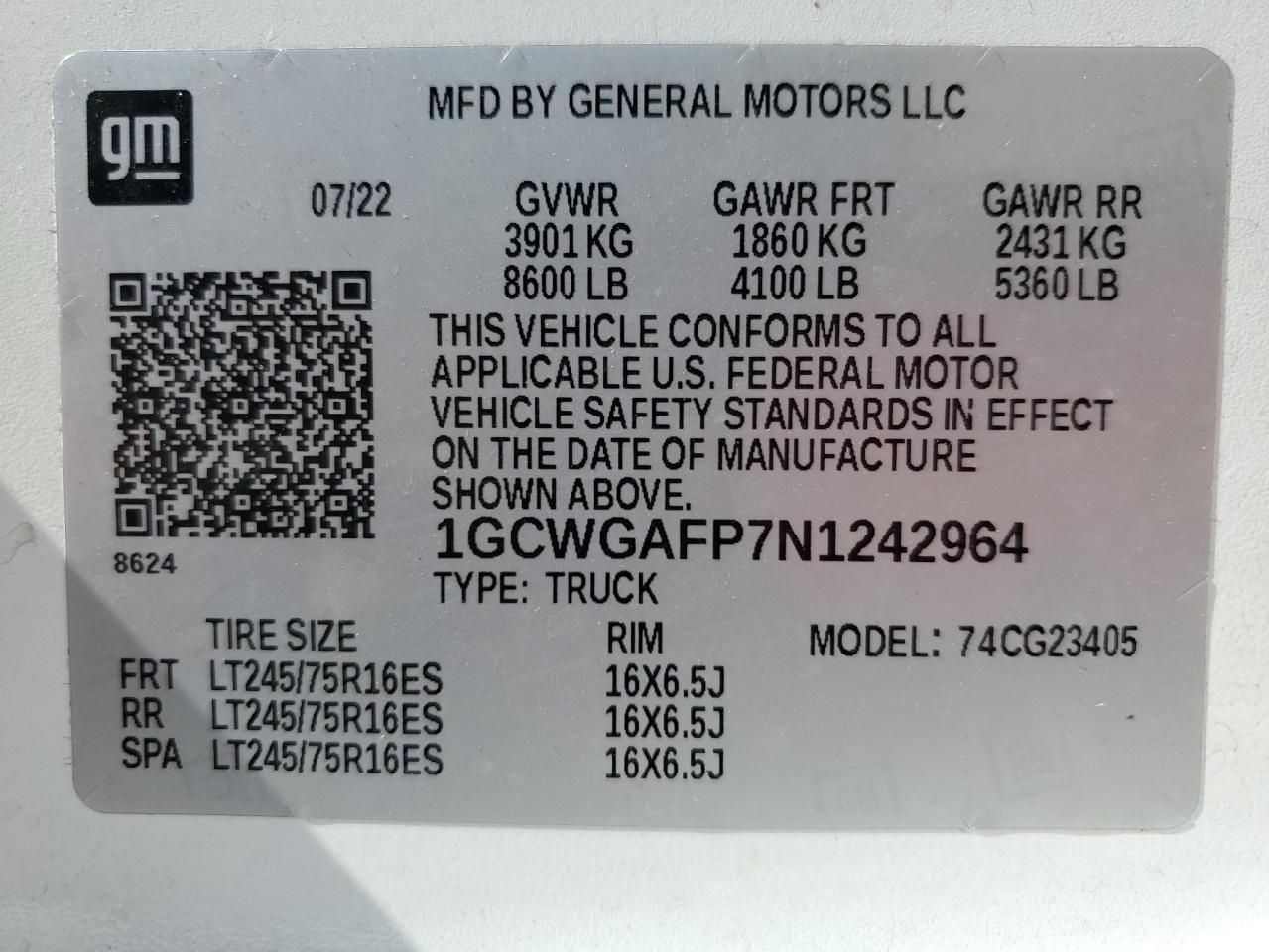 2022 Chevrolet Express G2500 VIN: 1GCWGAFP7N1242964 Lot: 57716614