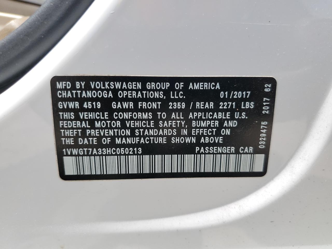 2017 Volkswagen Passat Se VIN: 1VWGT7A33HC050213 Lot: 61020984