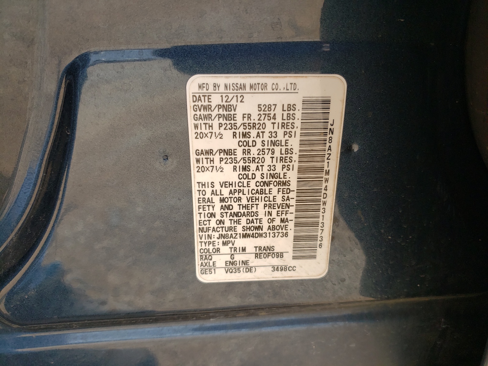 JN8AZ1MW4DW313736 2013 Nissan Murano S