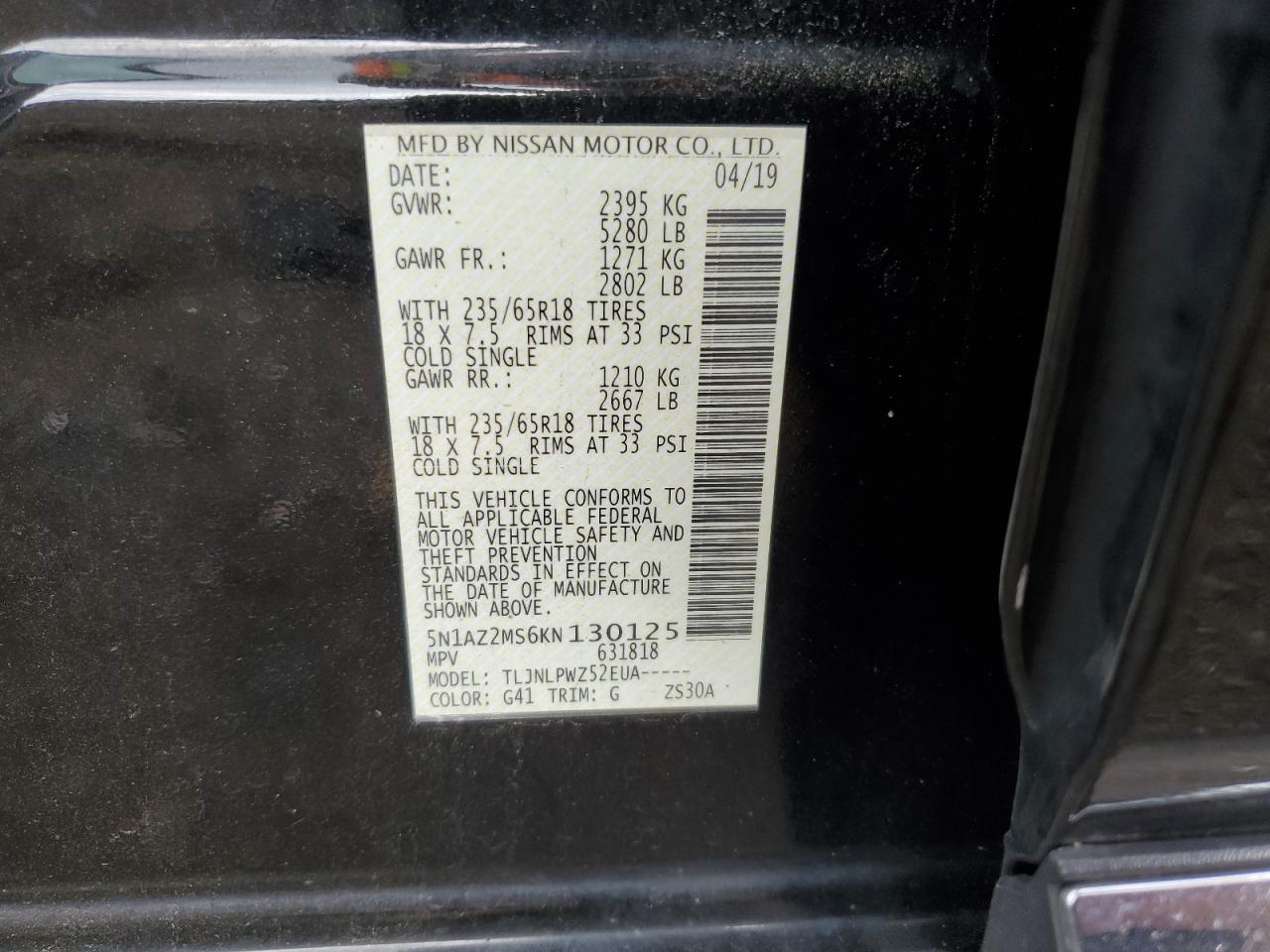 2019 Nissan Murano S VIN: 5N1AZ2MS6KN130125 Lot: 60196744