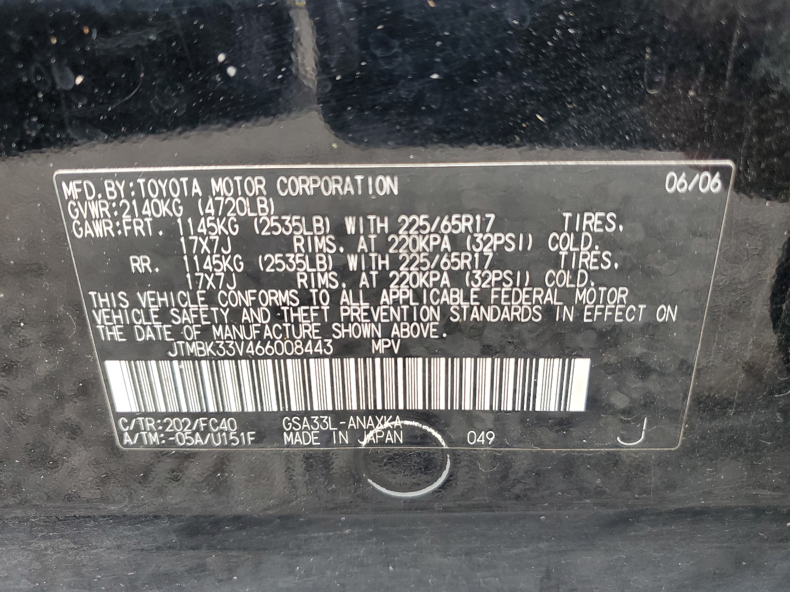 JTMBK33V466008443 2006 Toyota Rav4