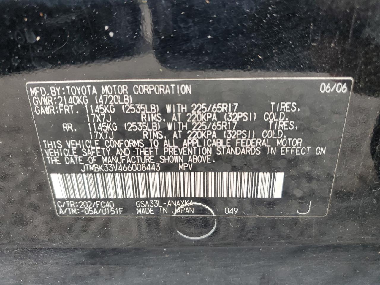 2006 Toyota Rav4 VIN: JTMBK33V466008443 Lot: 58760694