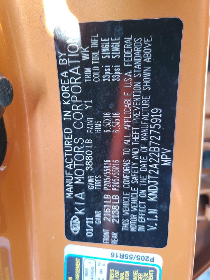 2011 Kia Soul + VIN: KNDJT2A22B7275919 Lot: 57264864