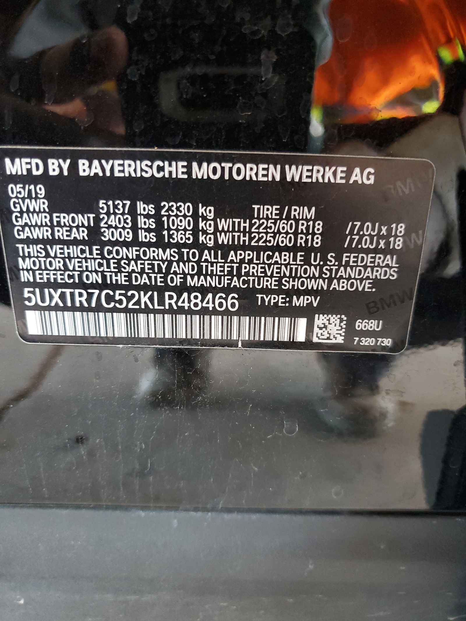 5UXTR7C52KLR48466 2019 BMW X3 Sdrive30I