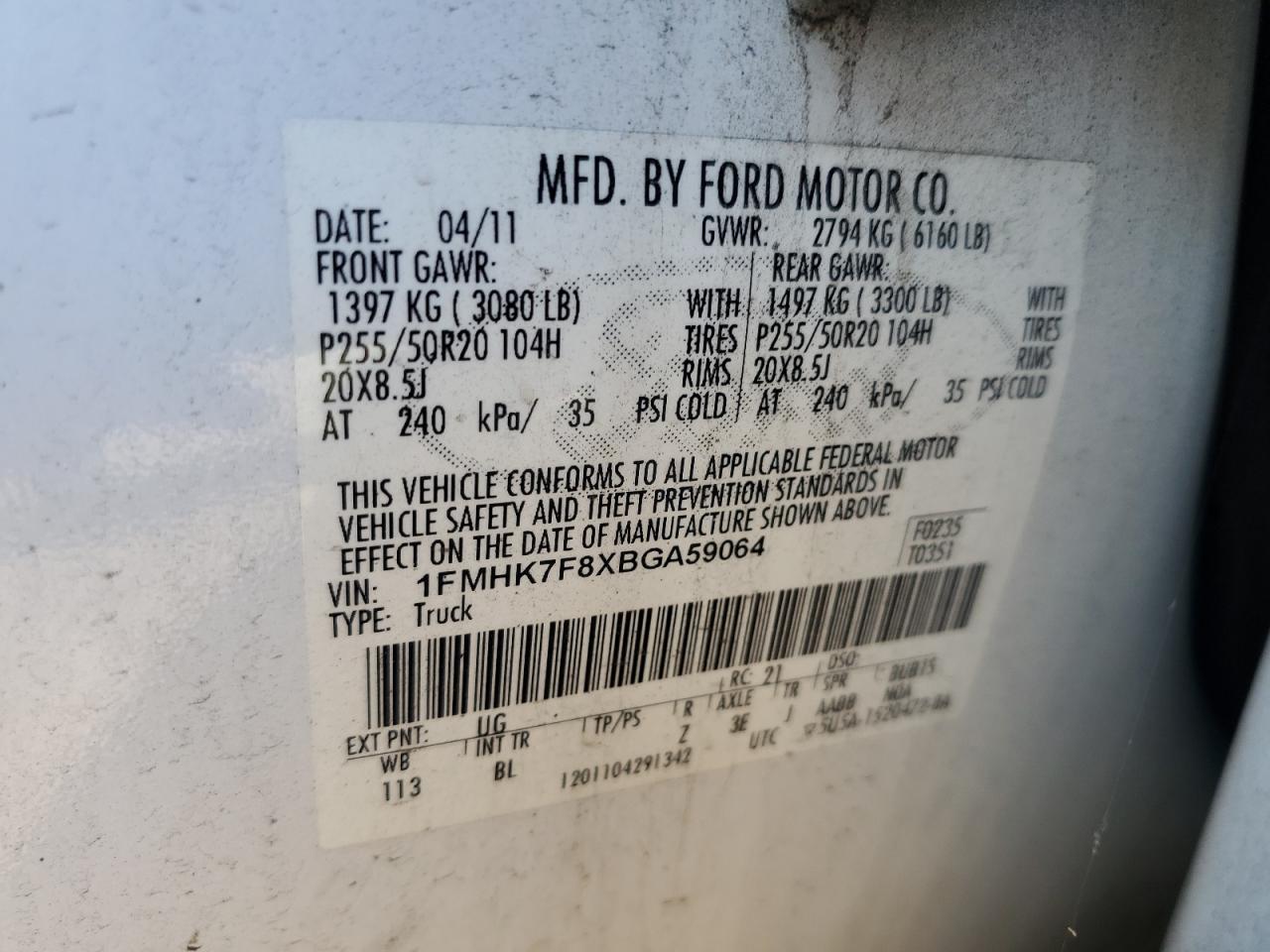 2011 Ford Explorer Limited VIN: 1FMHK7F8XBGA59064 Lot: 59201904