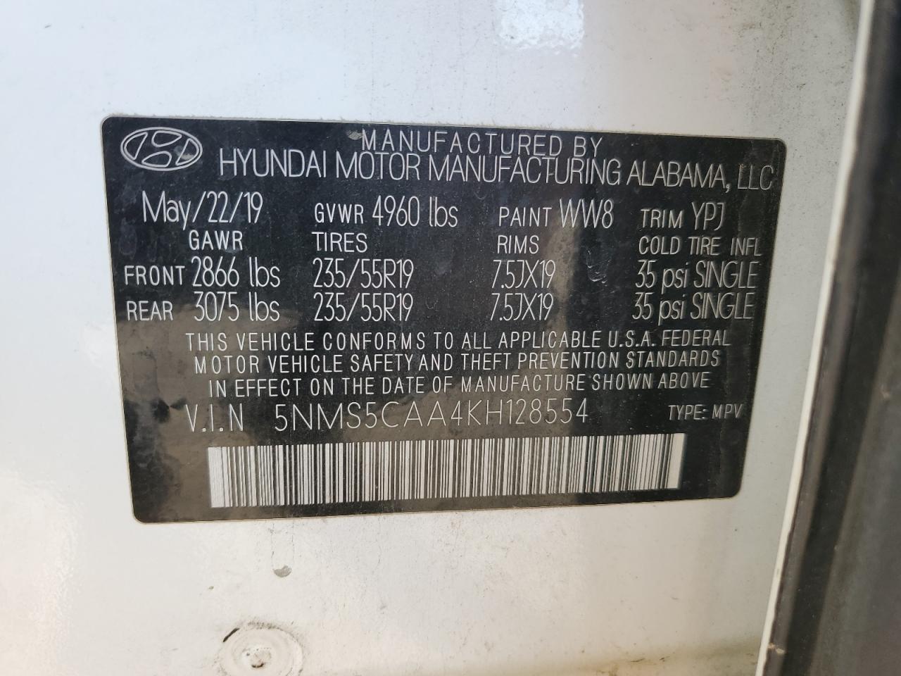 5NMS5CAA4KH128554 2019 Hyundai Santa Fe Limited