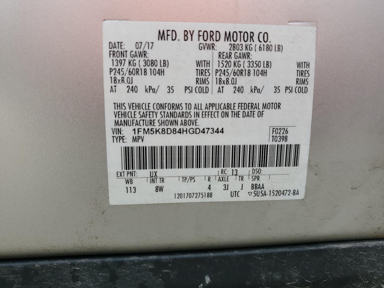 2017 Ford Explorer Xlt VIN: 1FM5K8D84HGD47344 Lot: 84905685