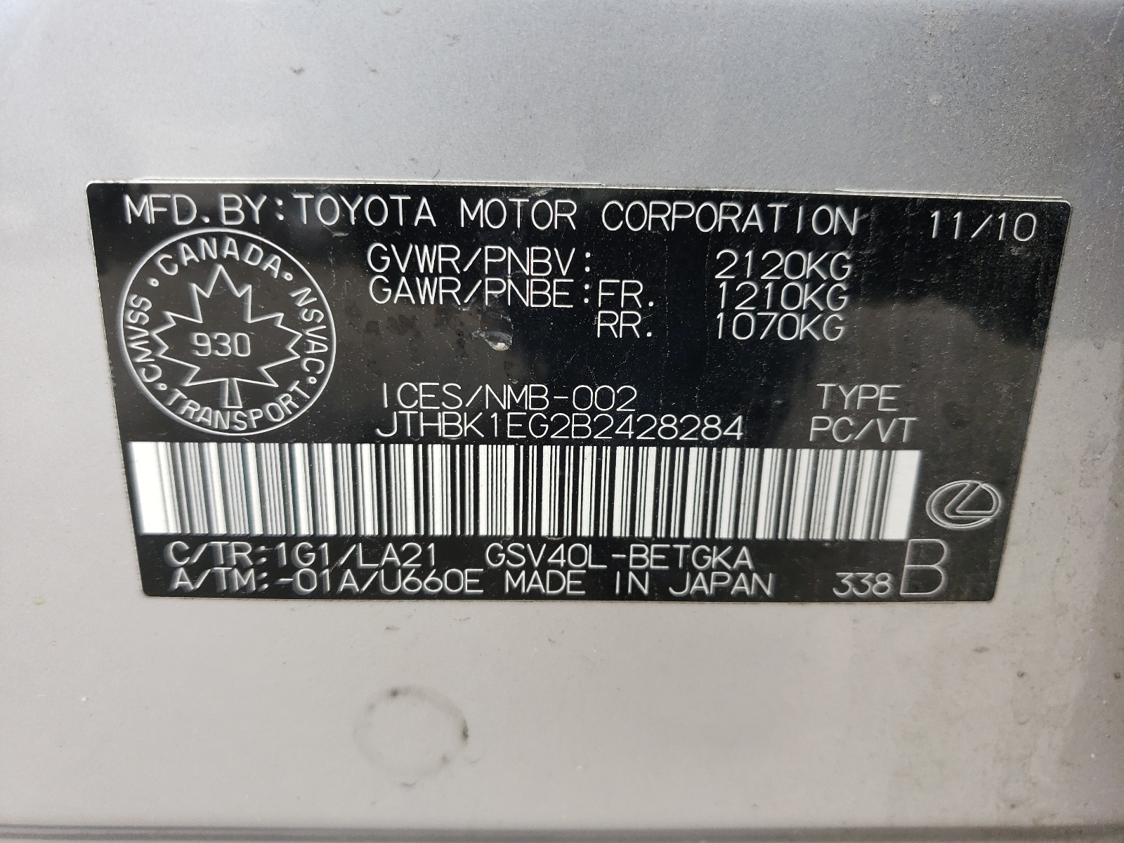 JTHBK1EG2B2428284 2011 Lexus Es 350