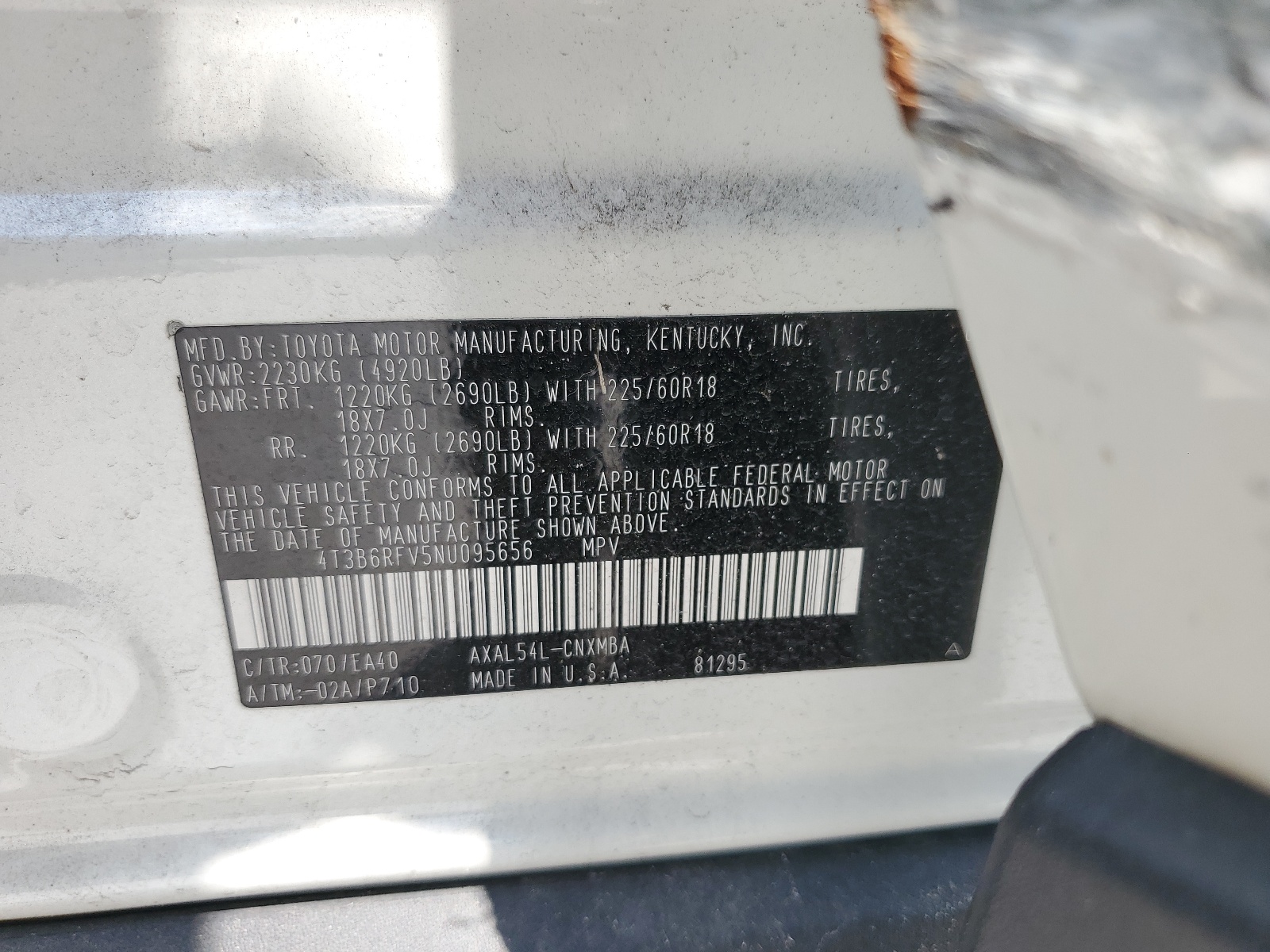 4T3B6RFV5NU095656 2022 Toyota Rav4 Xle Premium