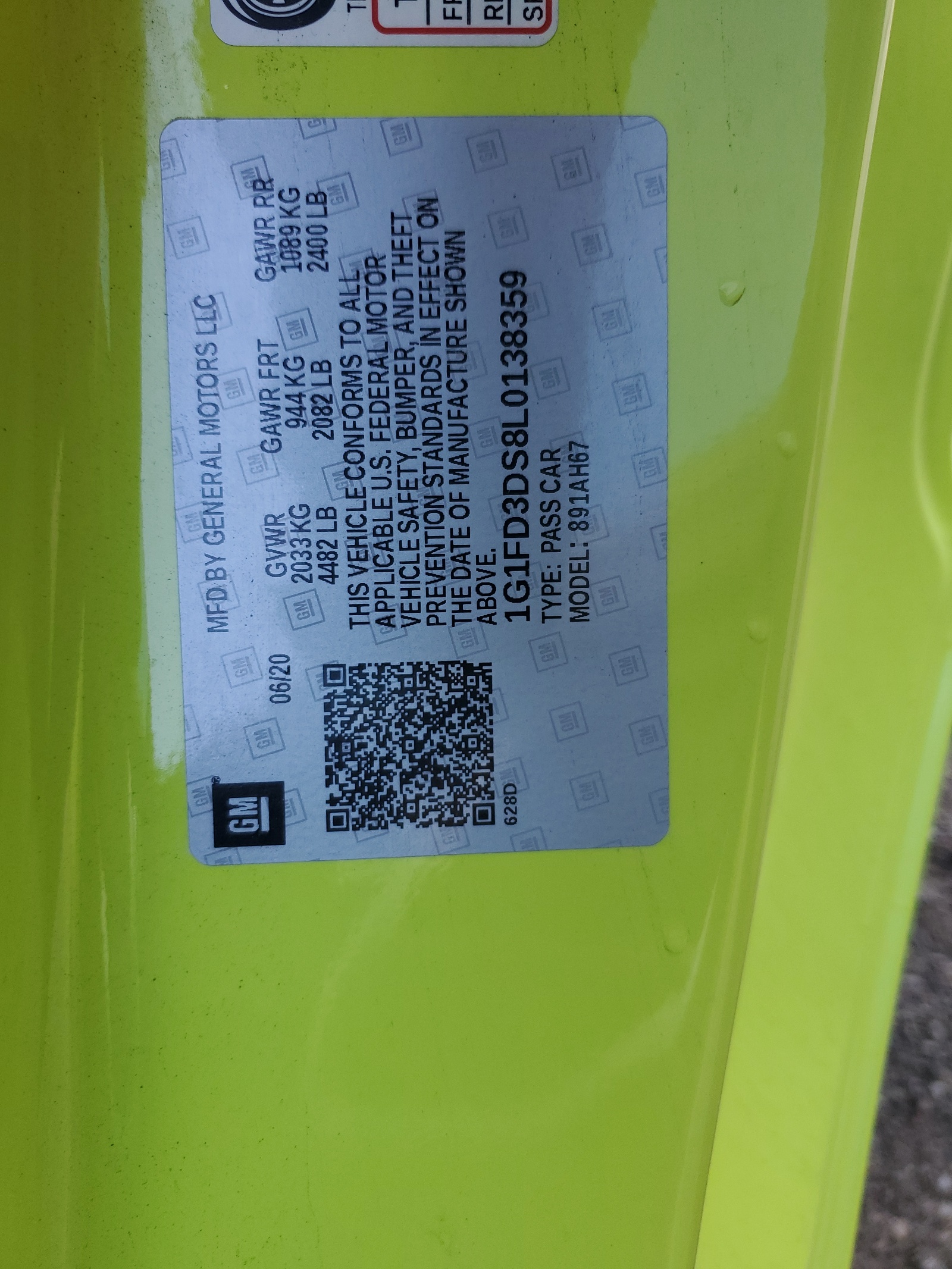 1G1FD3DS8L0138359 2020 Chevrolet Camaro Lt