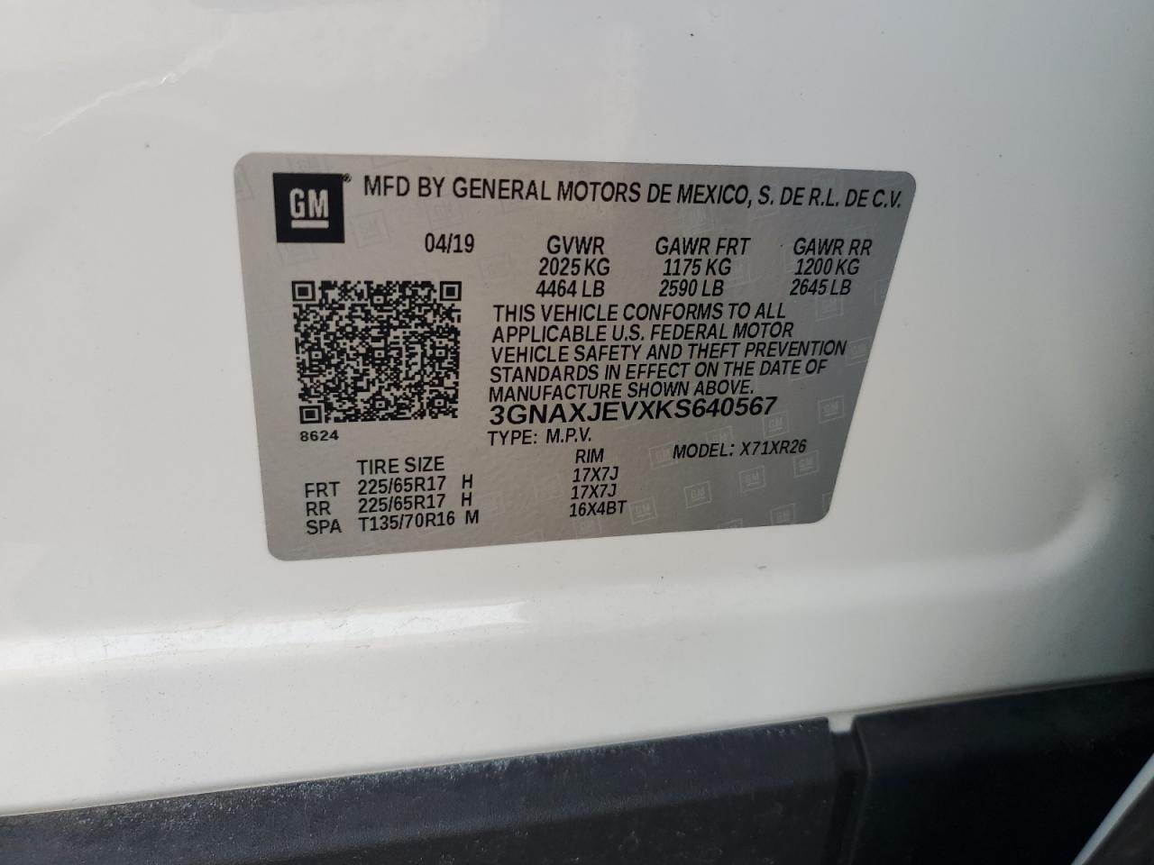 2019 Chevrolet Equinox Lt VIN: 3GNAXJEVXKS640567 Lot: 60104614