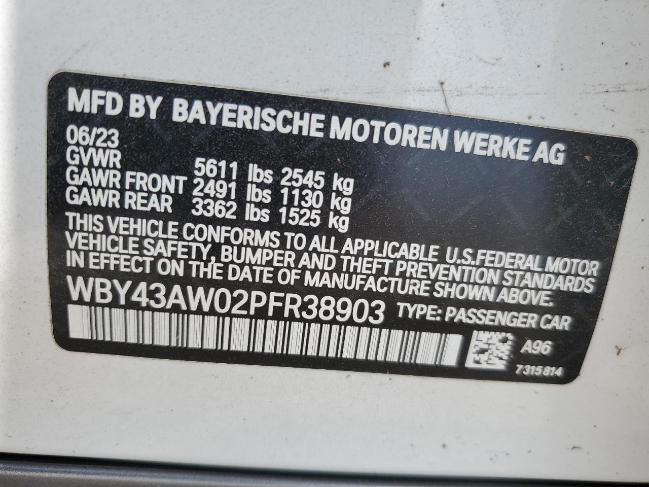 2023 BMW I4 Edrive 35 VIN: WBY43AW02PFR38903 Lot: 58691344