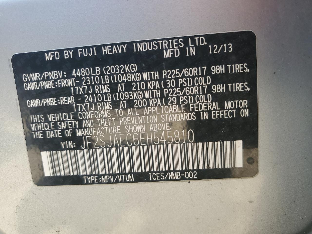 2014 Subaru Forester 2.5I Premium VIN: JF2SJAEC6EH545810 Lot: 59624394