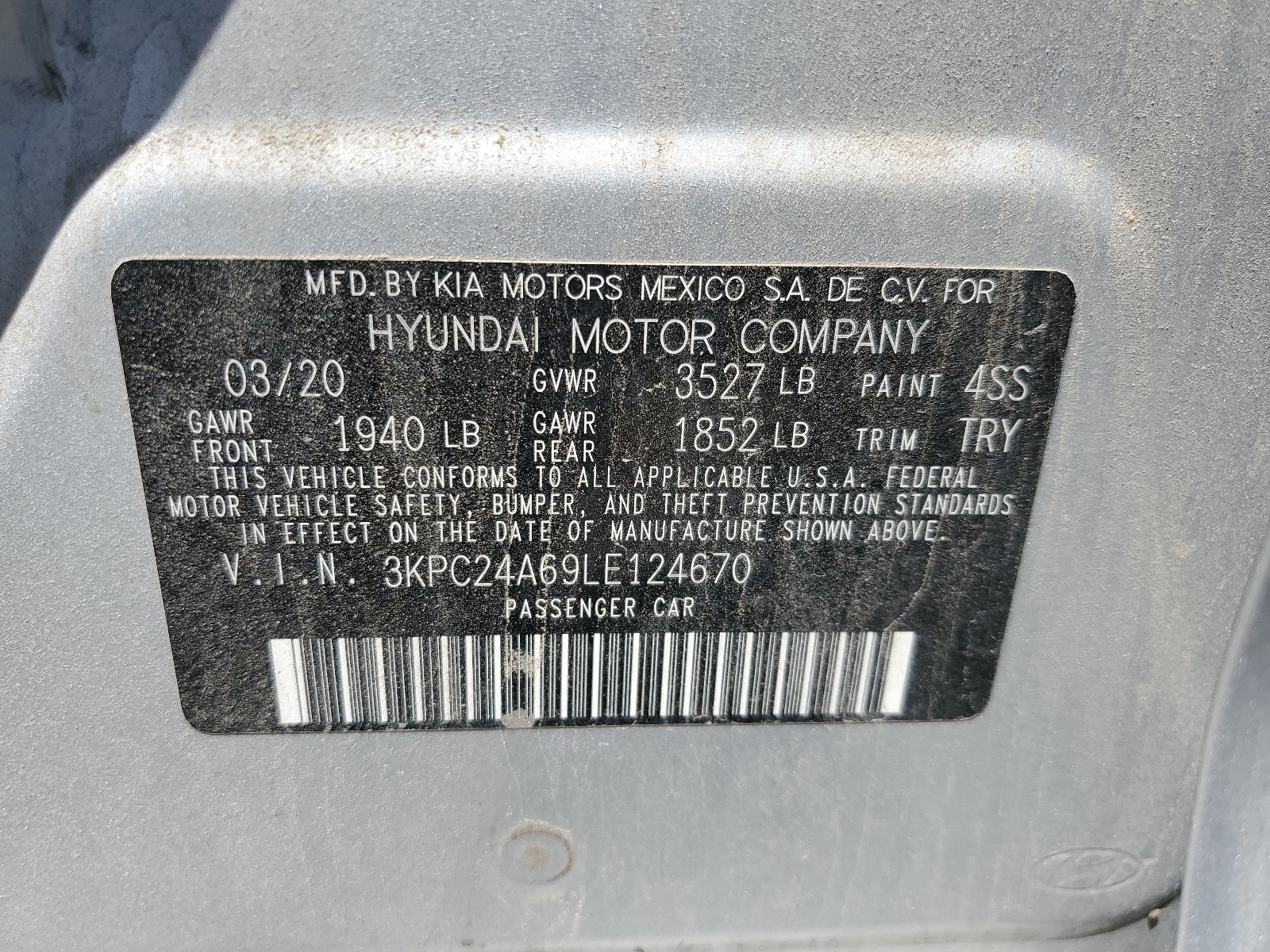 3KPC24A69LE124670 2020 Hyundai Accent Se