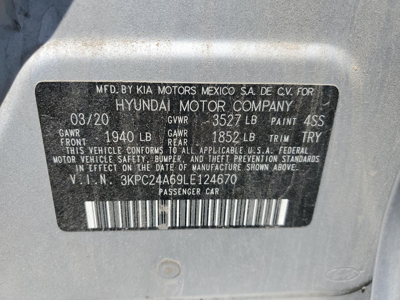 2020 Hyundai Accent Se VIN: 3KPC24A69LE124670 Lot: 59996664