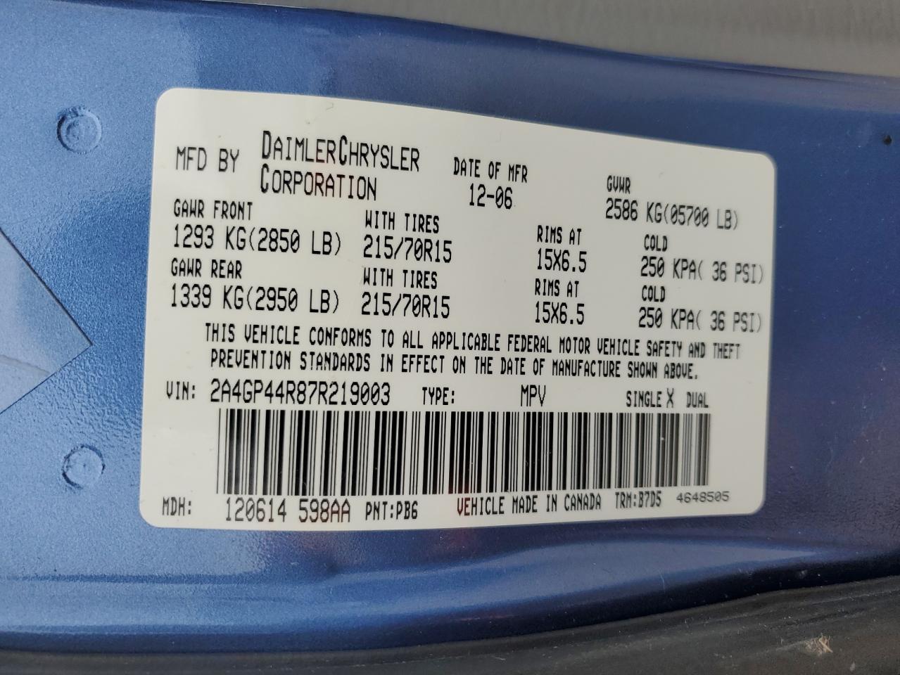 2007 Chrysler Town & Country Lx VIN: 2A4GP44R87R219003 Lot: 61095374