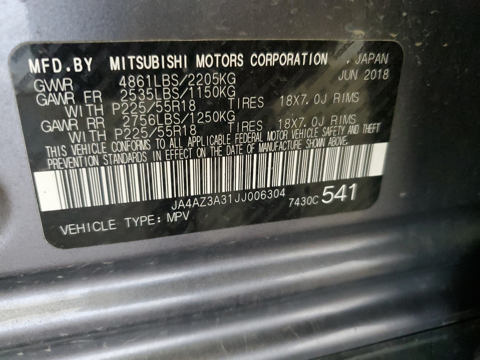 2018 Mitsubishi Outlander Se vin: JA4AZ3A31JJ006304