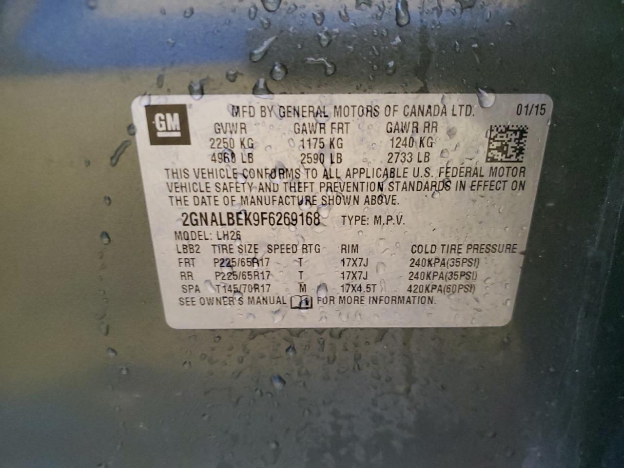 2015 Chevrolet Equinox Lt VIN: 2GNALBEK9F6269168 Lot: 58669464