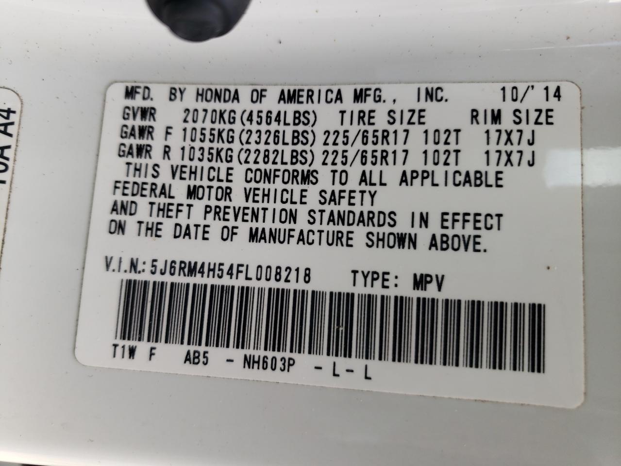 2015 Honda Cr-V Ex VIN: 5J6RM4H54FL008218 Lot: 57870154