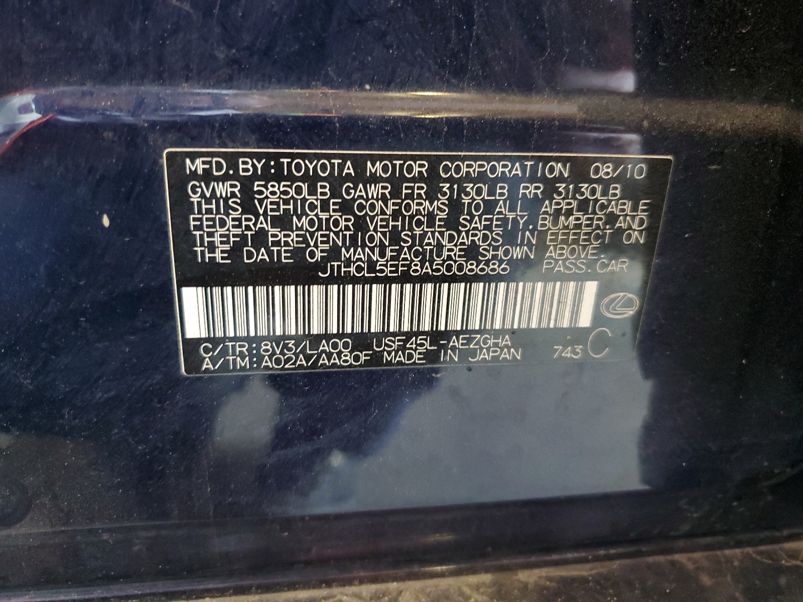 JTHCL5EF8A5008686 2010 Lexus Ls 460