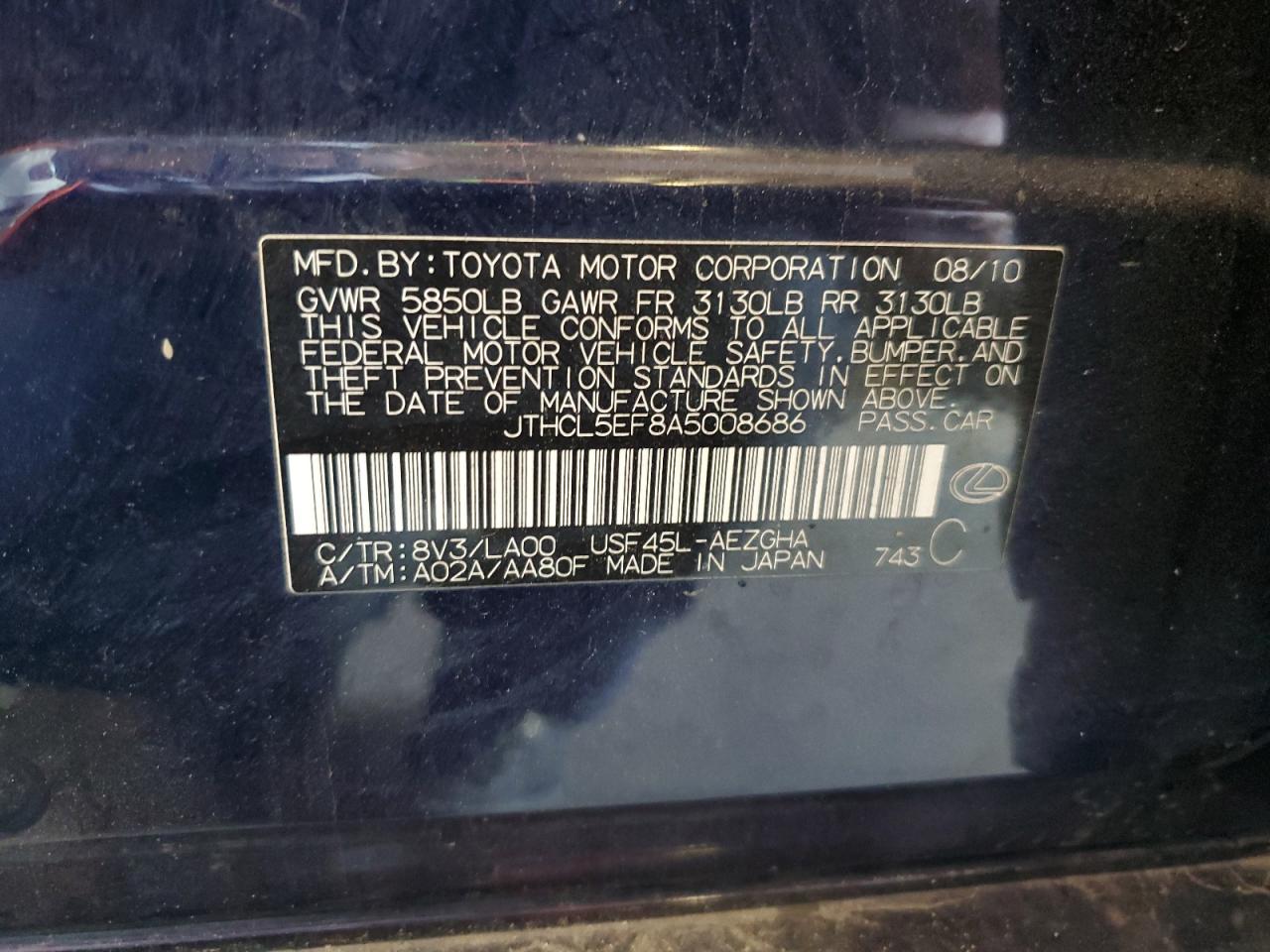 2010 Lexus Ls 460 VIN: JTHCL5EF8A5008686 Lot: 57527534