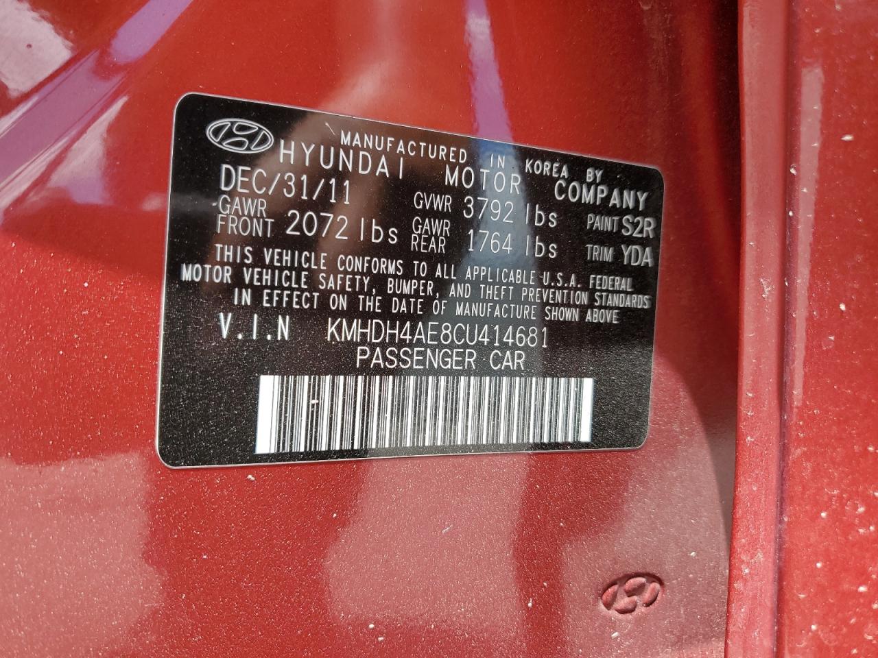 2012 Hyundai Elantra Gls VIN: KMHDH4AE8CU414681 Lot: 59687724
