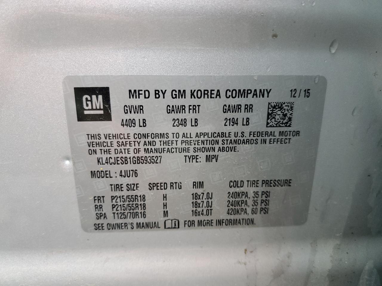 2016 Buick Encore VIN: KL4CJESB1GB593527 Lot: 59954494