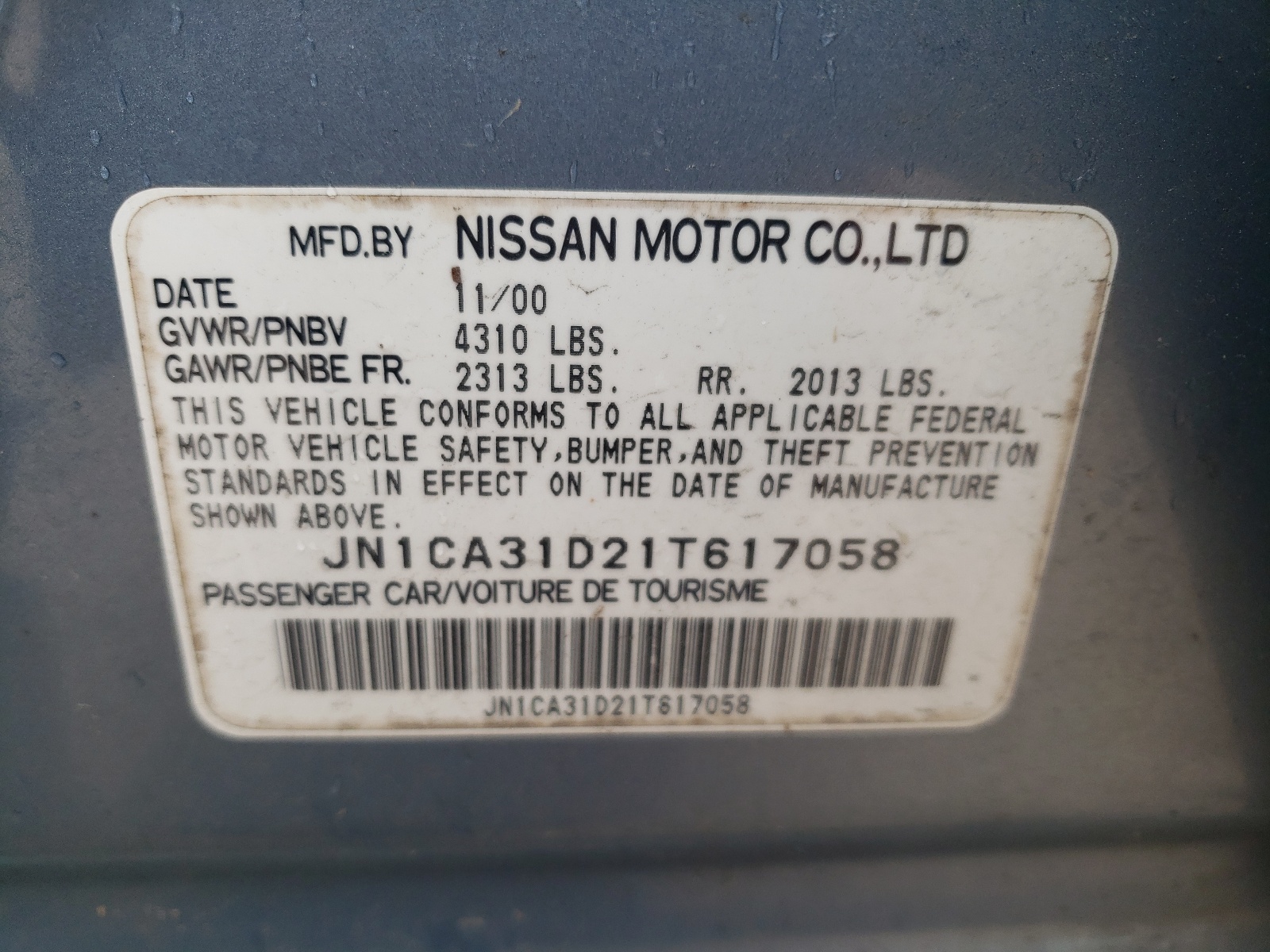 JN1CA31D21T617058 2001 Nissan Maxima Gxe