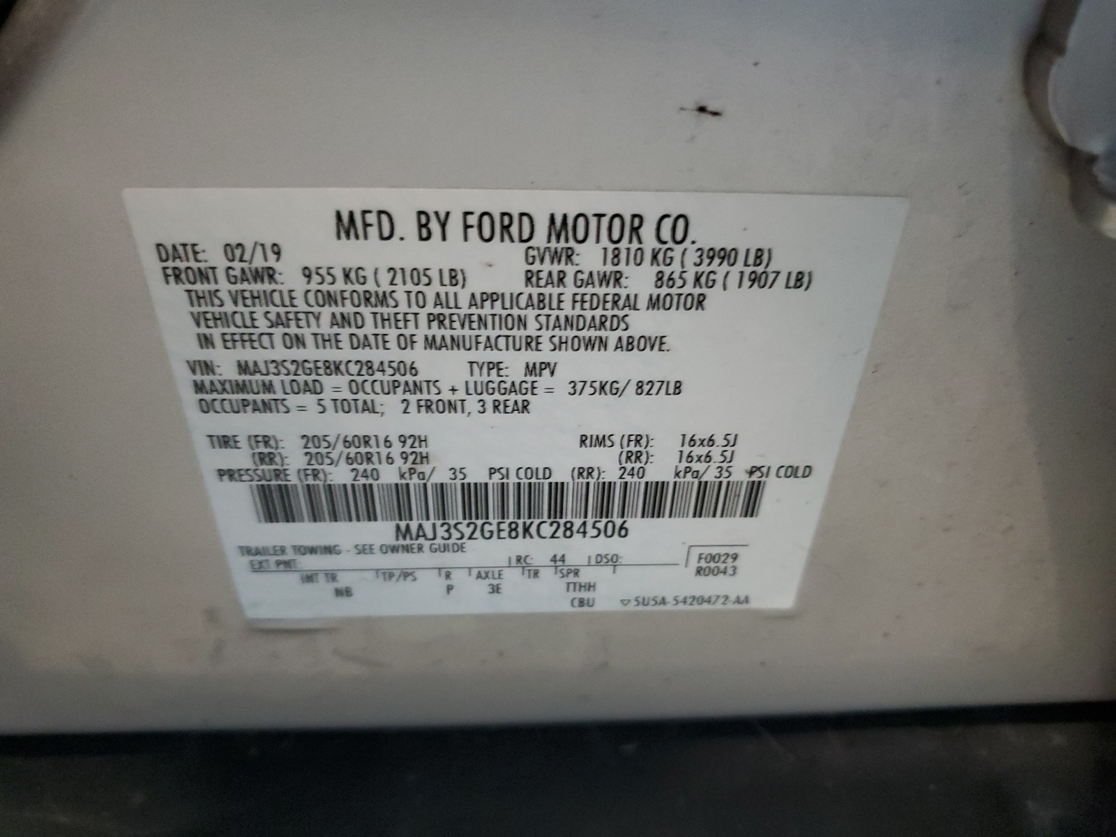 MAJ3S2GE8KC284506 2019 Ford Ecosport Se