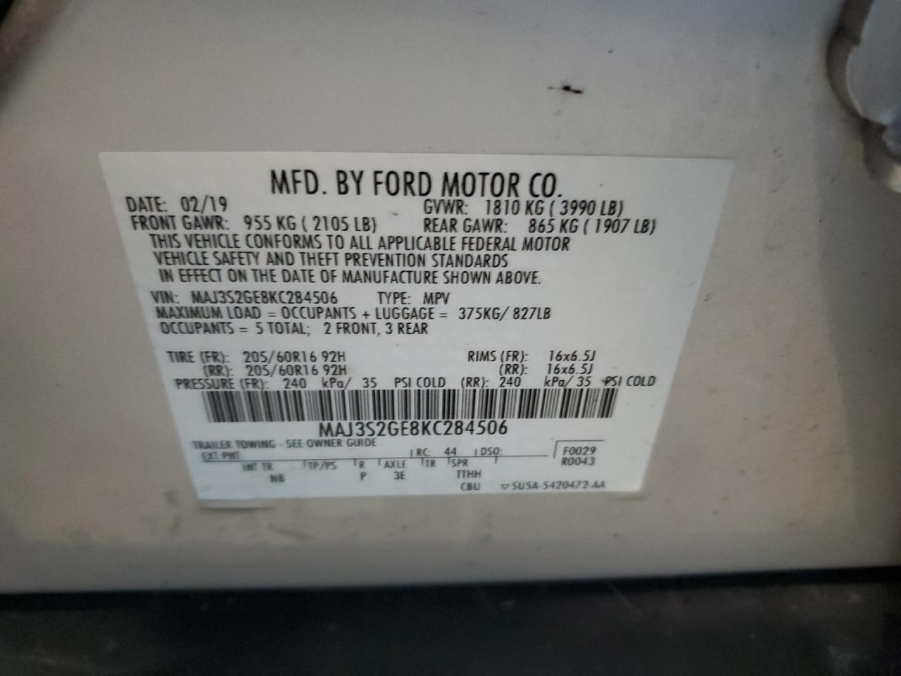 2019 Ford Ecosport Se VIN: MAJ3S2GE8KC284506 Lot: 57219984