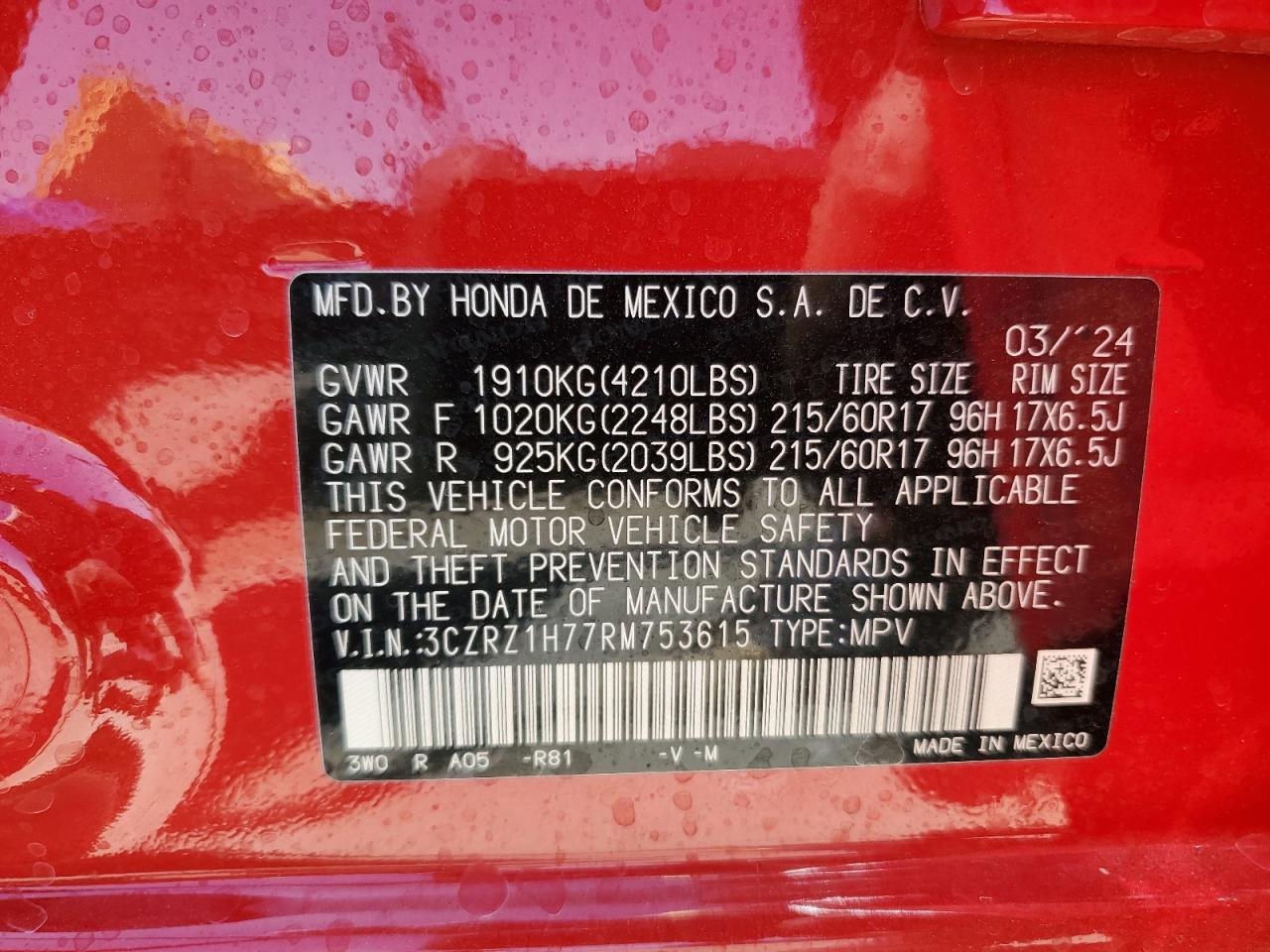 2024 Honda Hr-V Exl VIN: 3CZRZ1H77RM753615 Lot: 59548904