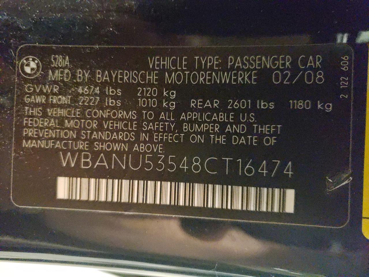 2008 BMW 528 I VIN: WBANU53548CT16474 Lot: 58441114