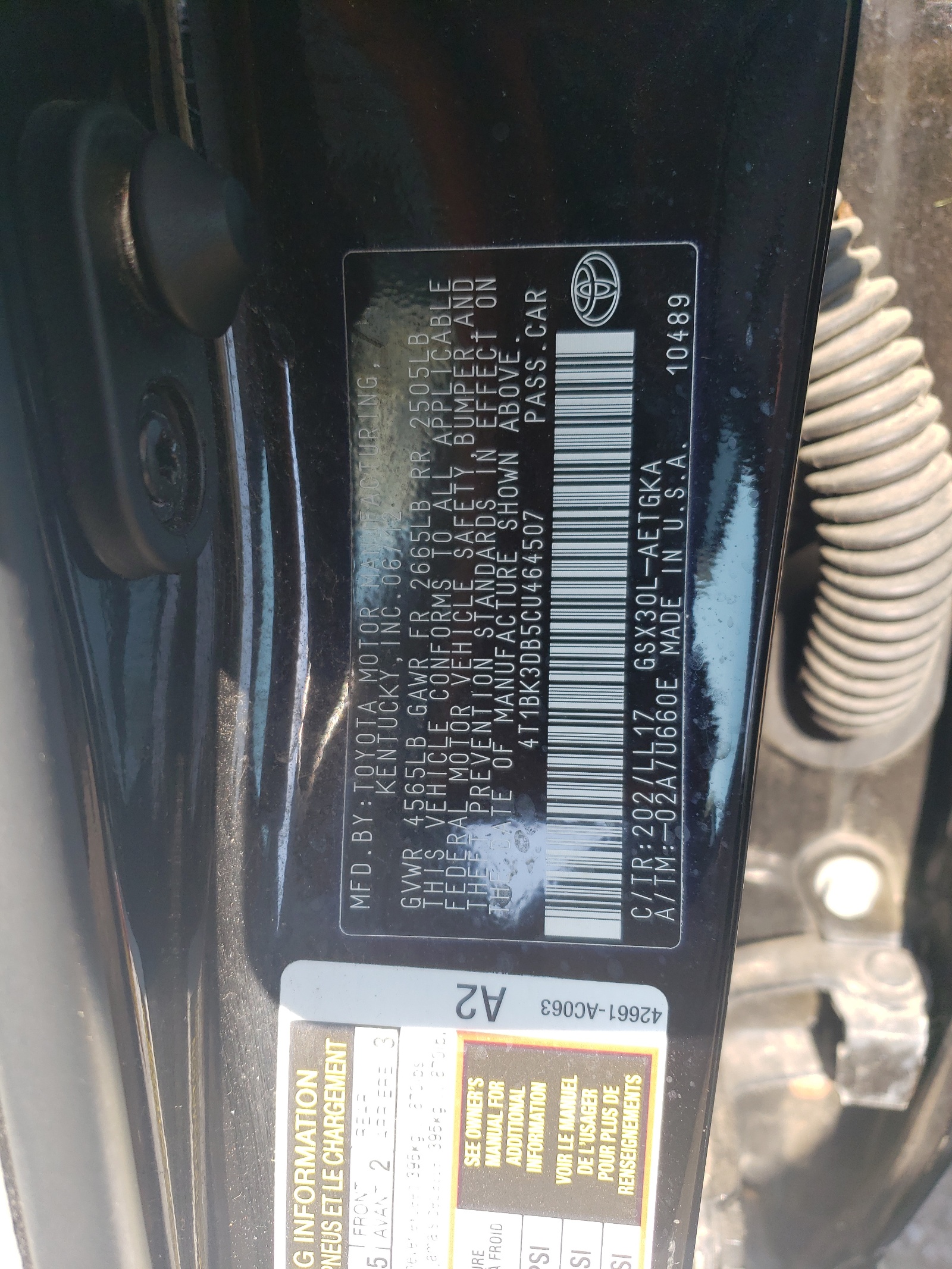 4T1BK3DB5CU464507 2012 Toyota Avalon Base