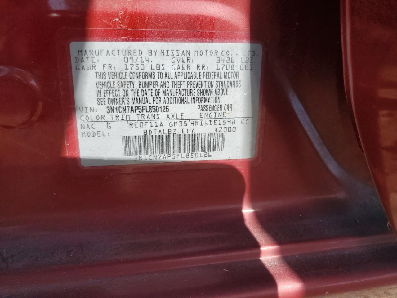 2015 Nissan Versa S VIN: 3N1CN7AP5FL850126 Lot: 60574914