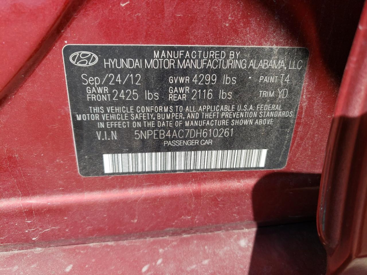 2013 Hyundai Sonata Gls VIN: 5NPEB4AC7DH610261 Lot: 58772074