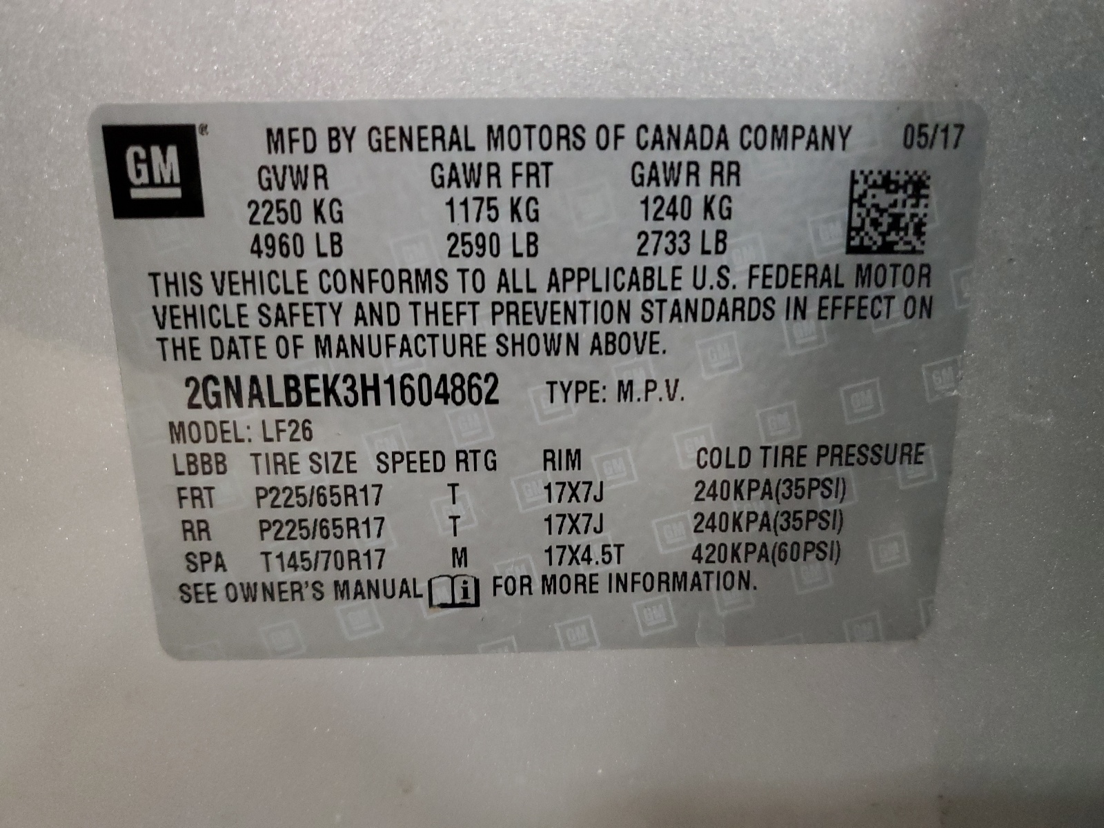 2GNALBEK3H1604862 2017 Chevrolet Equinox Ls