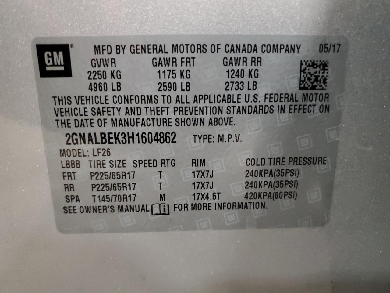 2017 Chevrolet Equinox Ls VIN: 2GNALBEK3H1604862 Lot: 58082184