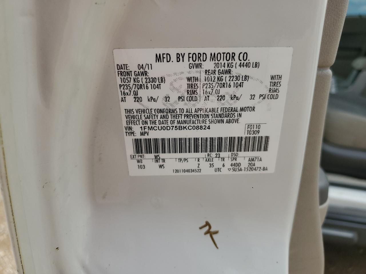 2011 Ford Escape Xlt VIN: 1FMCU0D75BKC08824 Lot: 60735074