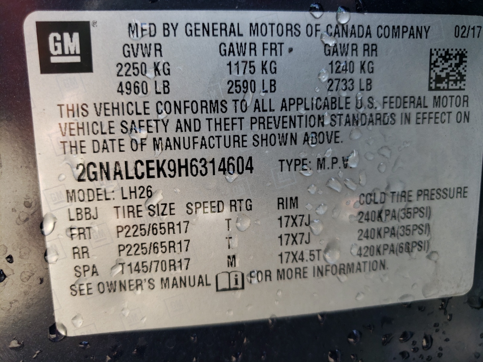2GNALCEK9H6314604 2017 Chevrolet Equinox Lt