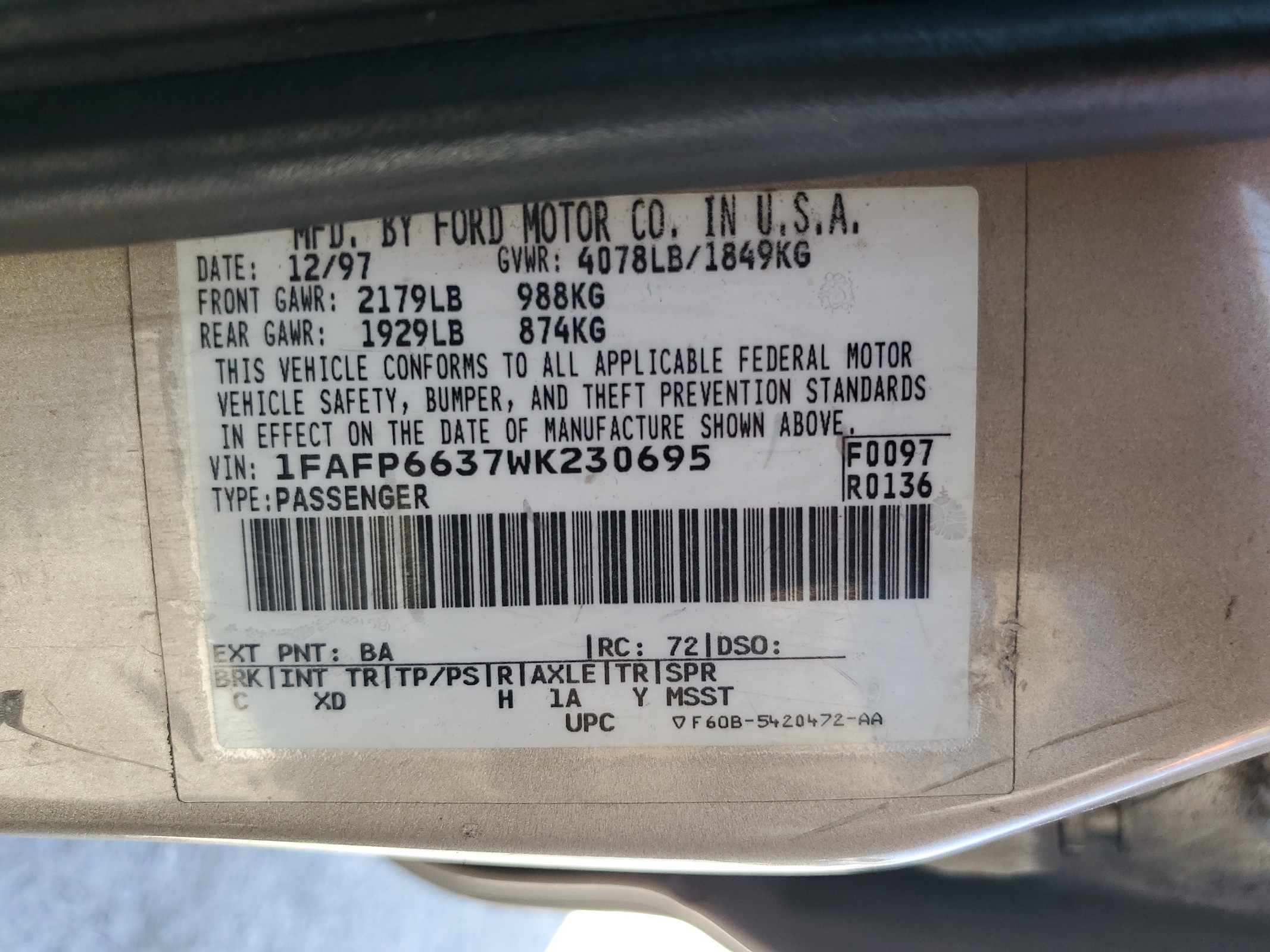 1FAFP6637WK230695 1998 Ford Contour Lx